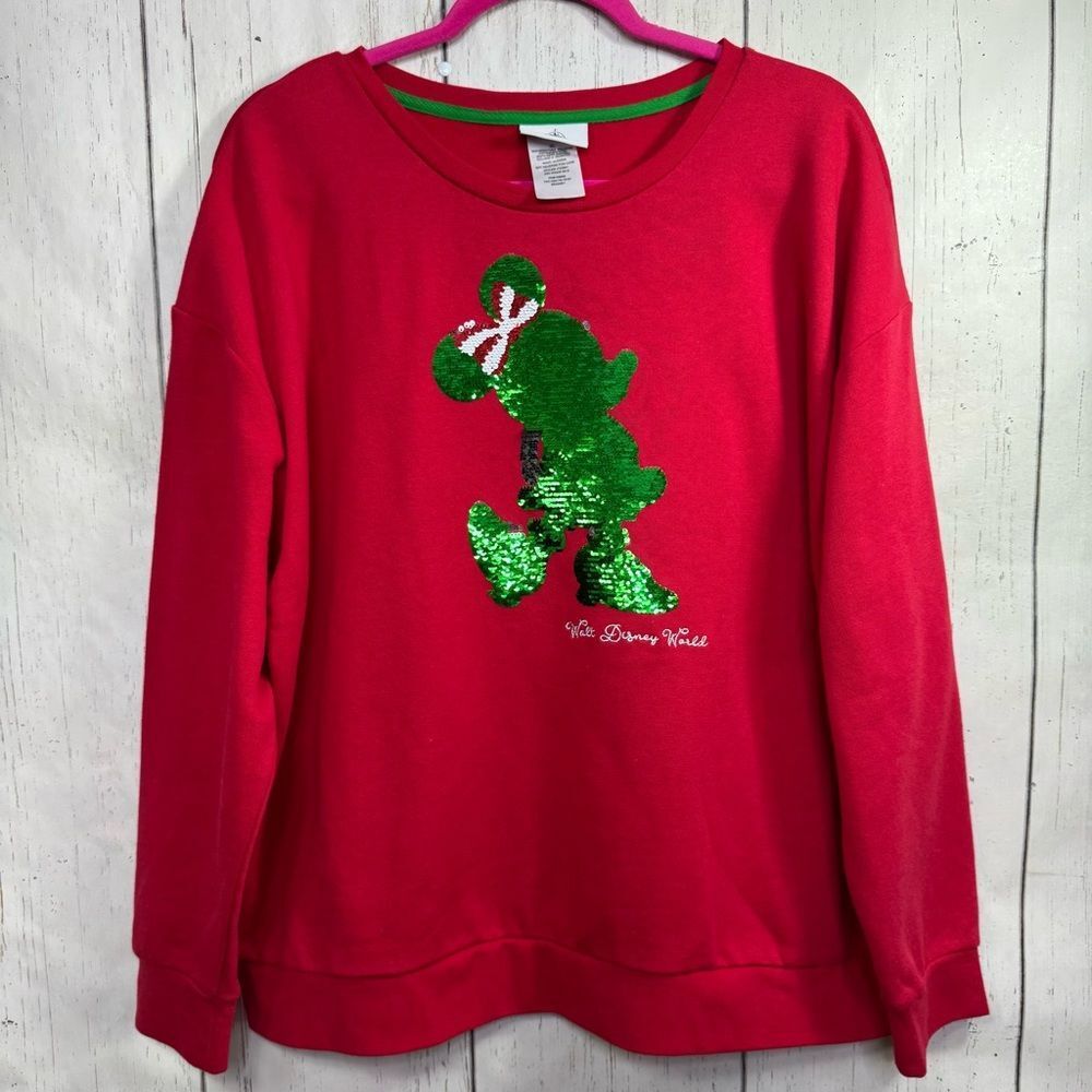 Disney Parks Minnie Mouse Sequin Christmas Sweatshirt Red Holiday Cozy Festive